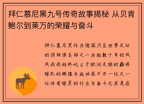 拜仁慕尼黑九号传奇故事揭秘 从贝肯鲍尔到莱万的荣耀与奋斗