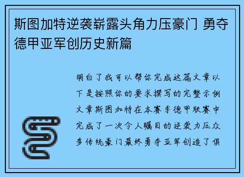 斯图加特逆袭崭露头角力压豪门 勇夺德甲亚军创历史新篇