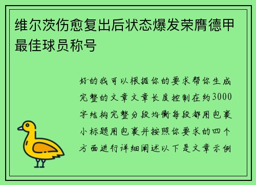维尔茨伤愈复出后状态爆发荣膺德甲最佳球员称号