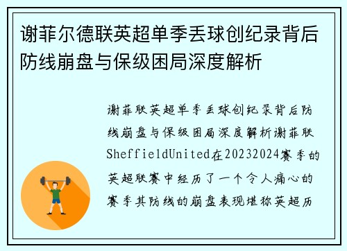 谢菲尔德联英超单季丢球创纪录背后防线崩盘与保级困局深度解析 谢菲尔德联英超单季丢球创纪录背后防线崩盘与保级困局深度解析